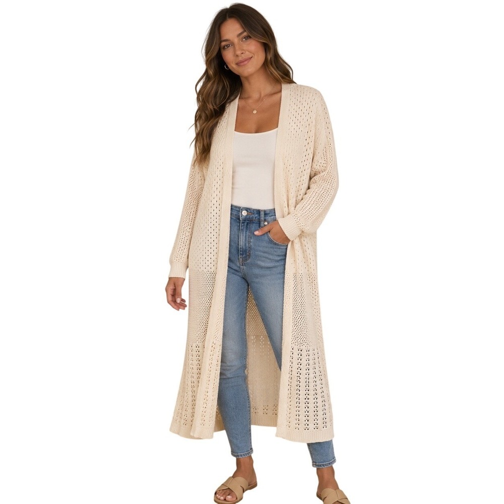 Maxi Cardigan Womens M Cream Pointelle Open Knit Duster Marled